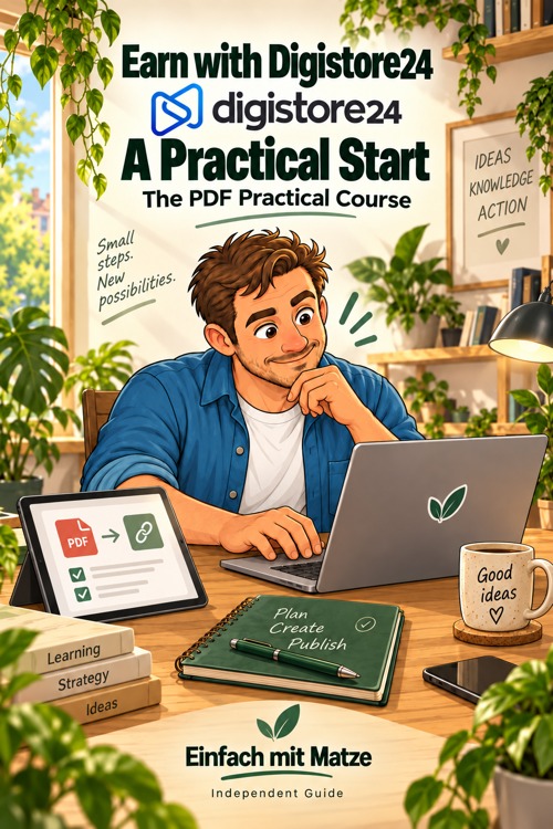 Matze at his desk on the English Digistore24 course cover